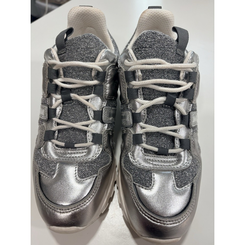 DKNY Women's 7 Metallic Silver Glitter Chunky Lace Up Sneakers K4912347